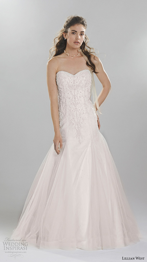 lillian west spring 2016 bridal strapless sweetheart neckline lace beaded embroidery light pink blush mermaid wedding dress style 6407