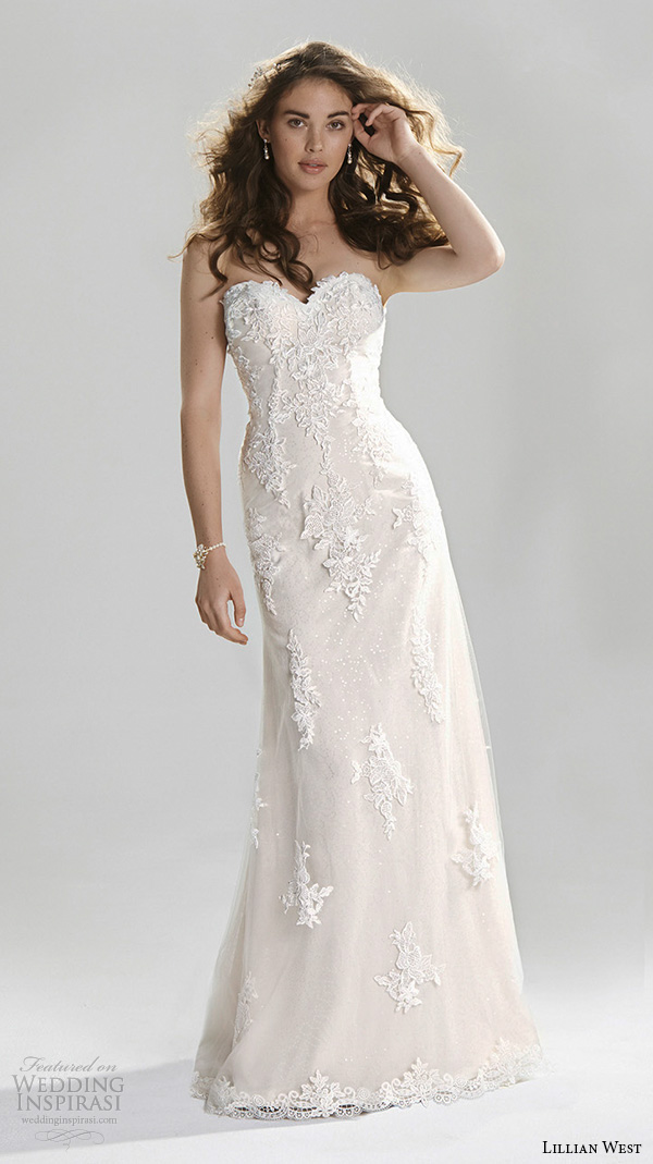 lillian west spring 2016 bridal strapless sweetheart neckline lace embroidery beautiful sheath wedding dress style 6393