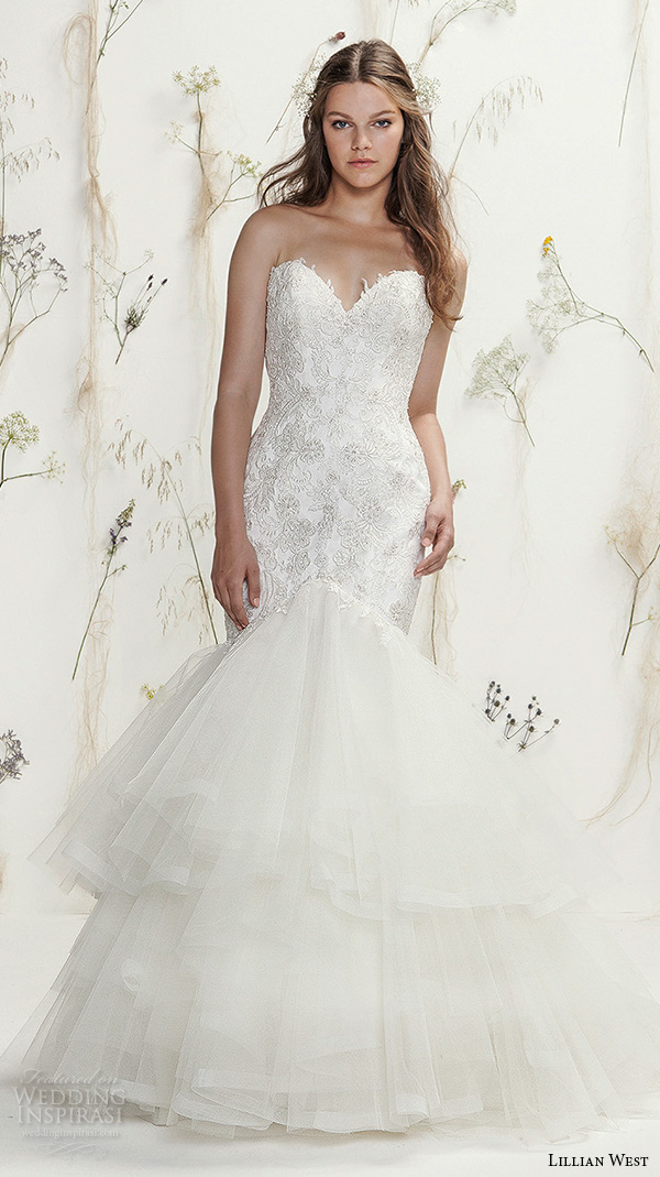 lillian west spring 2016 bridal strapless sweetheart neckline lace embroidery bodice 2 tiered tulle skirt beautiful mermaid wedding dress style 6416