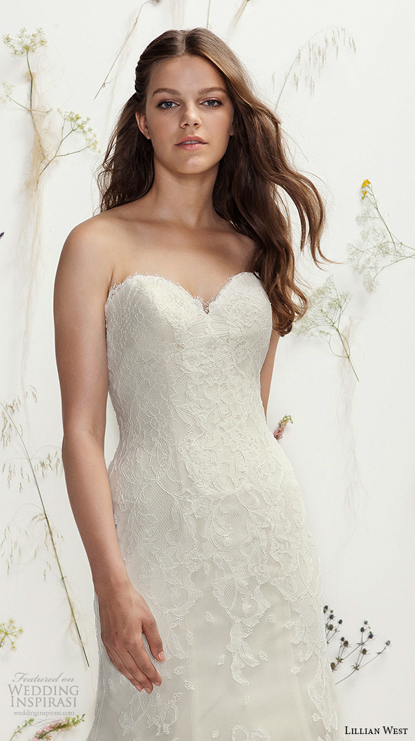 lillian west spring 2016 bridal strapless sweetheart neckline lace embroidery fit to flare beautiful mermaid wedding dress style 6399 