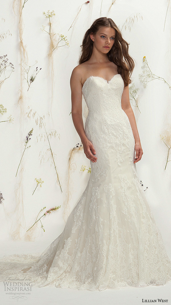 lillian west spring 2016 bridal strapless sweetheart neckline lace embroidery fit to flare beautiful mermaid wedding dress style 6399