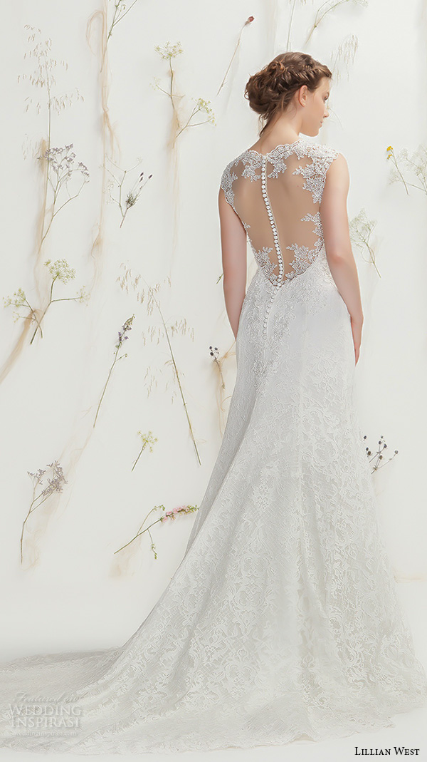 lillian west spring 2016 bridal thick lace strap v neckline lace embroidery sheath wedding dress with train illusion lace back style 6370 