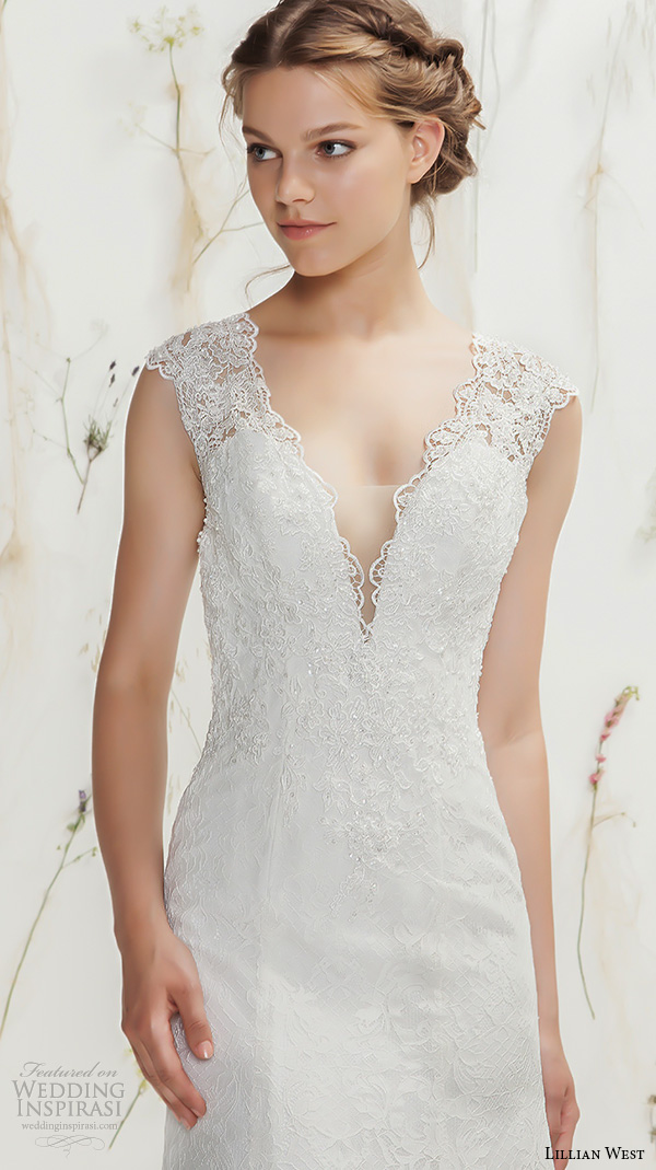 lillian west spring 2016 bridal thick lace strap v neckline lace embroidery sheath wedding dress with train illusion lace back style 6370  