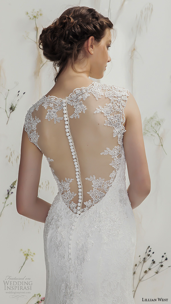 lillian west spring 2016 bridal thick lace strap v neckline lace embroidery sheath wedding dress with train illusion lace back style 6370   