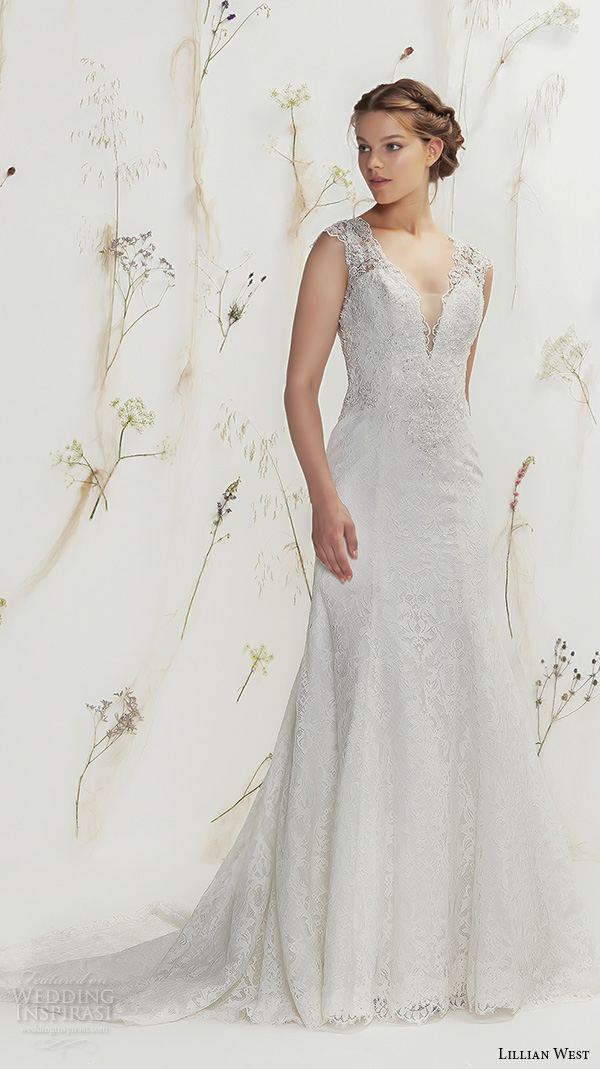 lillian west spring 2016 bridal thick lace strap v neckline lace embroidery sheath wedding dress with train illusion lace back style 6370