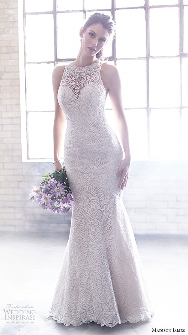 madison james fall 2015 bridal halter jewel neck sleeveless lace embroidery beautiful trumpet mermaid wedding dress style mj169