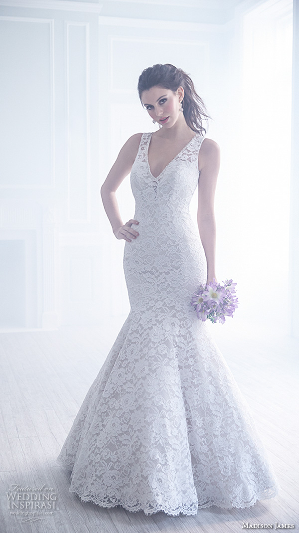 madison james fall 2015 bridal lace strap sleeveless v neckline lace embroidery trumpet beautiful mermaid wedding dress style mj171