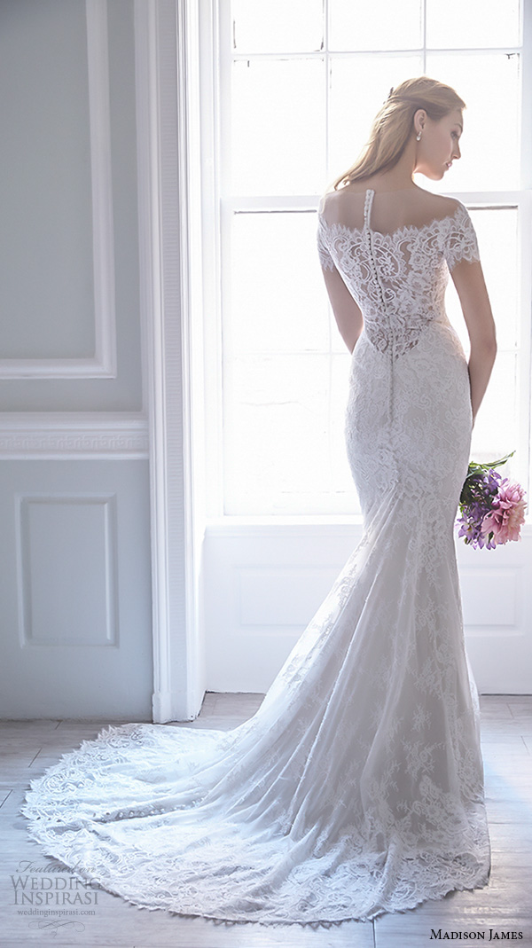 madison james fall 2015 bridal off the shoulder lace neckline lace embroidery trumpet mermaid wedding dress style mj166 