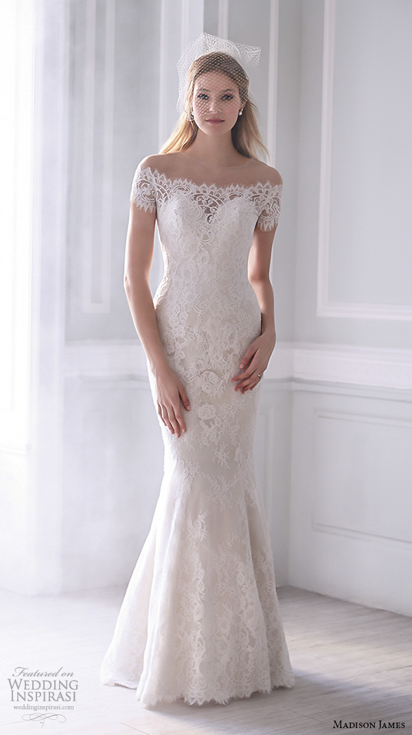 madison james fall 2015 bridal off the shoulder lace neckline lace embroidery trumpet mermaid wedding dress style mj166