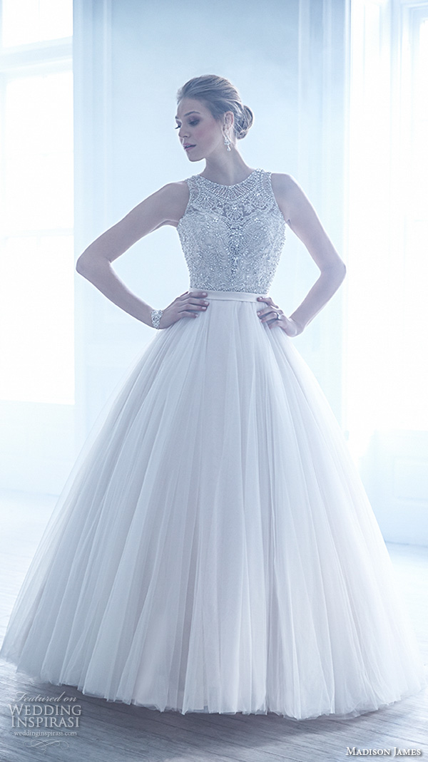 madison james fall 2015 bridal sleeveless jewel neckline beaded crystal embroidery tulle skirt beautiful a  line ball gown wedding dress style mj170