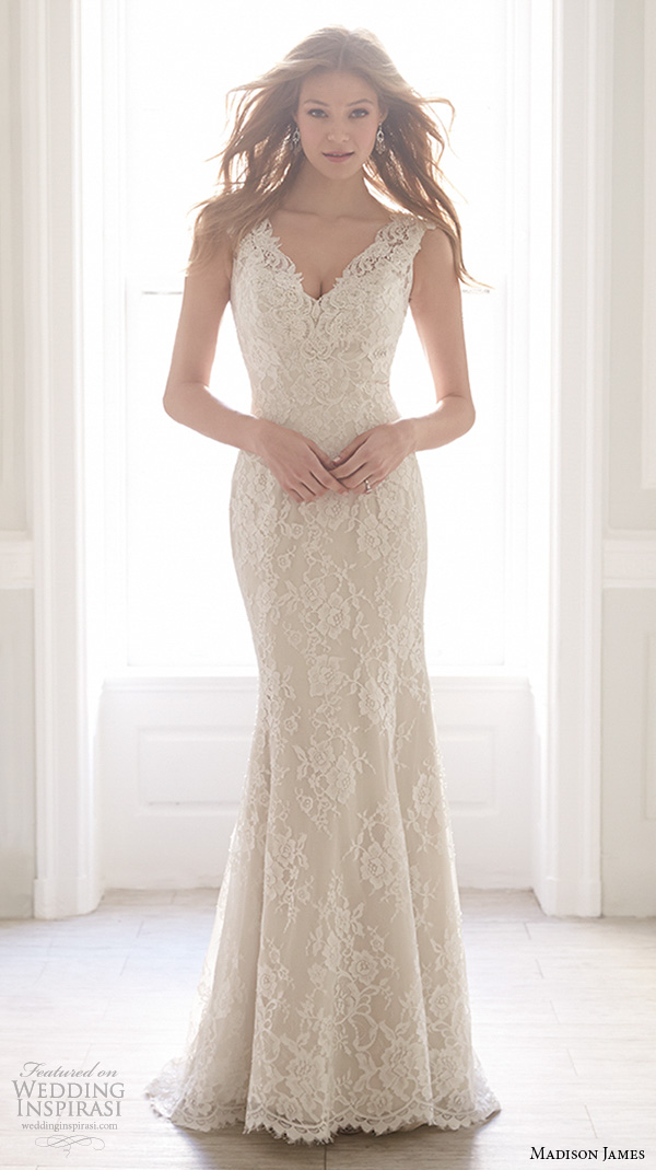 madison james fall 2015 bridal sleeveless lace strap v neckline lace embroidery beautiful fit to flare sheath wedding dress style mj152