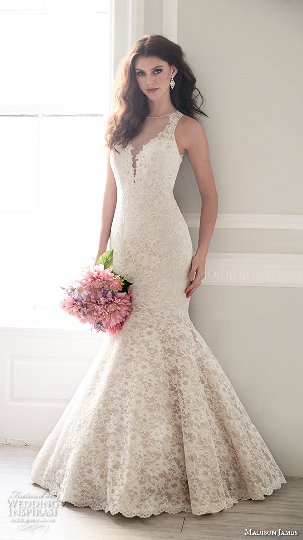 madison james fall 2015 bridal sleeveless lace strap v neckline lace embroidery trumpet mermaid wedding dress style mj156