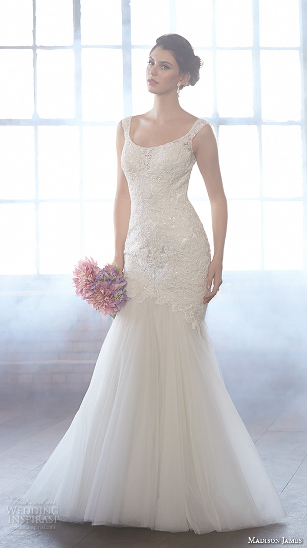 madison james fall 2015 bridal sleeveless scoop neckline lace embroidery bodice tulle skirt beautiful mermaid wedding dress style mj151