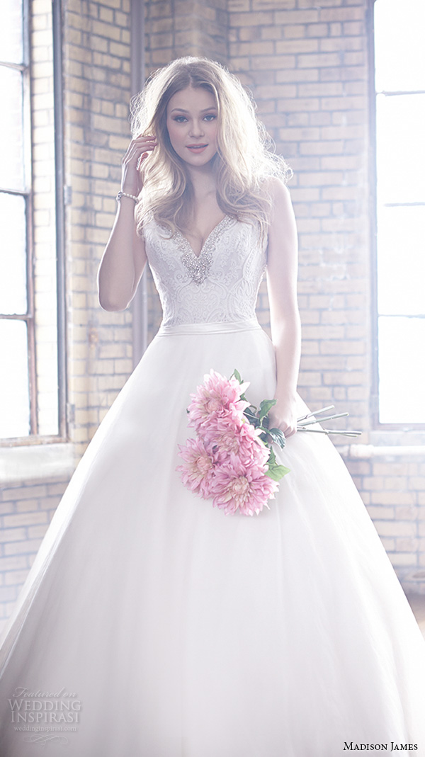 madison james fall 2015 bridal sleeveless v neckline lace embroidery gorgeous ball gown wedding dress style mj159