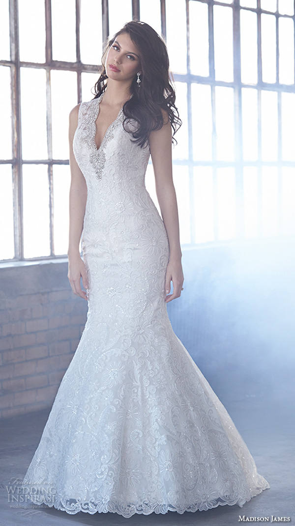 madison james fall 2015 bridal sleeveless v neckline lace embroidery trumpet beautiful mermaid wedding dress style mj160