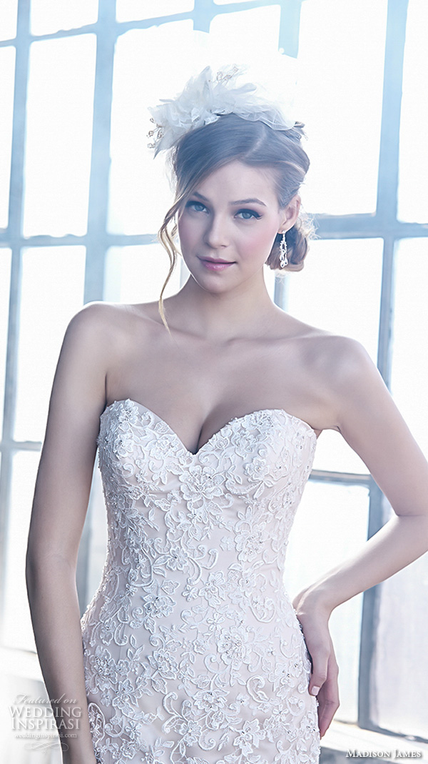 madison james fall 2015 bridal strapless sweetheart neckline lace embroidered bodice ruffled skirt mermaid wedding dress style mj155  