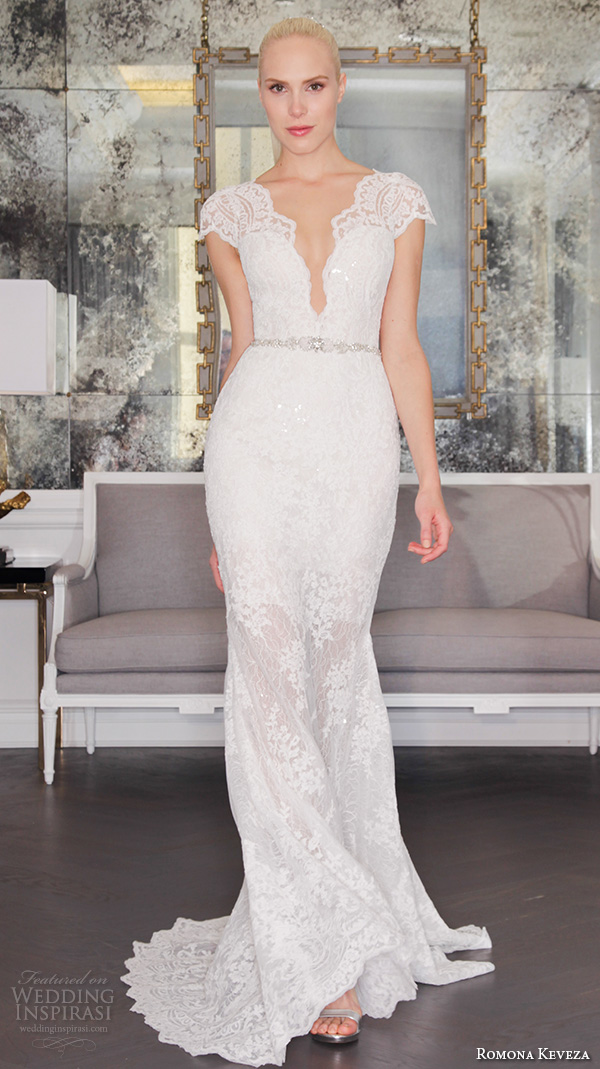 romona keveza fall 2016 luxe bridal deep plunging v neckline cap sleeves lace strap beautiful sheath wedding dress rk6457