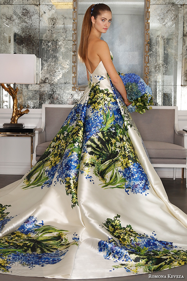 romona keveza fall 2016 luxe bridal gorgeous strapless sweetheart neckline colored blue flower bouquet prints ball gown a  line wedding ball gown dress rk6450 