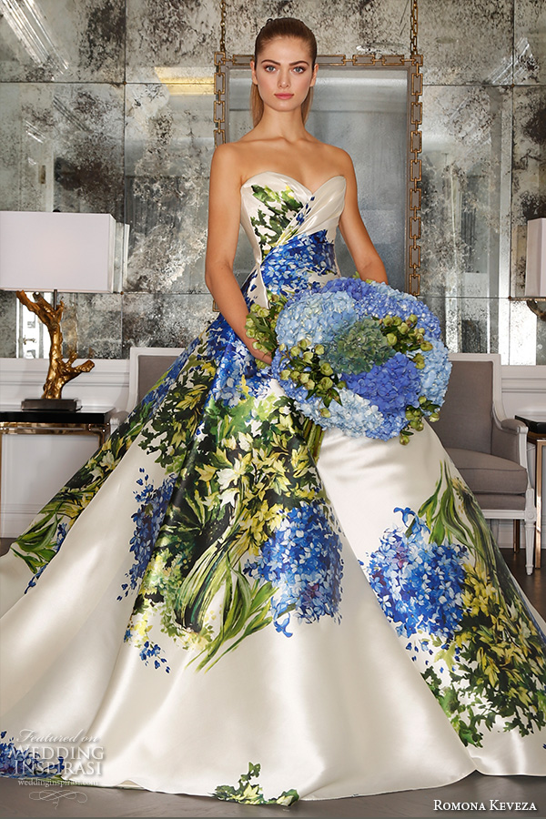 romona keveza fall 2016 luxe bridal gorgeous strapless sweetheart neckline colored blue flower bouquet prints ball gown a  line wedding ball gown dress rk6450