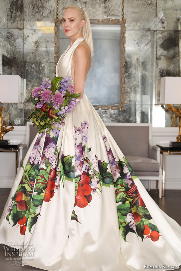 romona keveza fall 2016 luxe bridal halter neck gorgeous colored a  line wedding ball gown dress with red and purple flower bouquet prints rk6452 