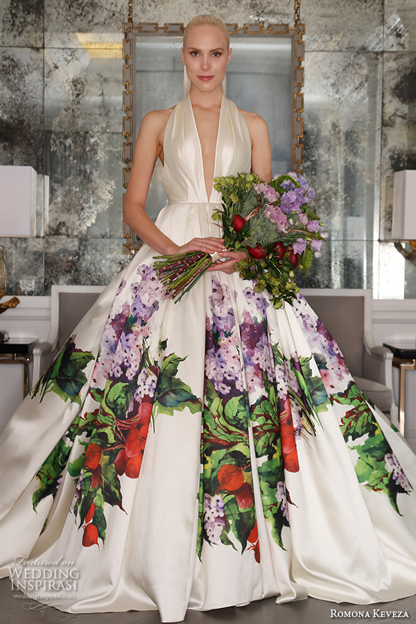 romona keveza fall 2016 luxe bridal halter neck gorgeous colored a  line wedding ball gown dress with red and purple flower bouquet prints rk6452