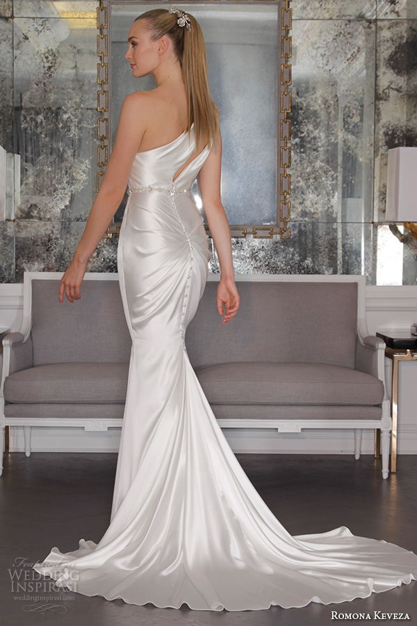 romona keveza fall 2016 luxe bridal one shoulder satin chic simple fit to flare elegant mermaid wedding dress rk6464 