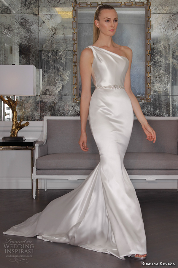 romona keveza fall 2016 luxe bridal one shoulder satin chic simple fit to flare elegant mermaid wedding dress rk6464