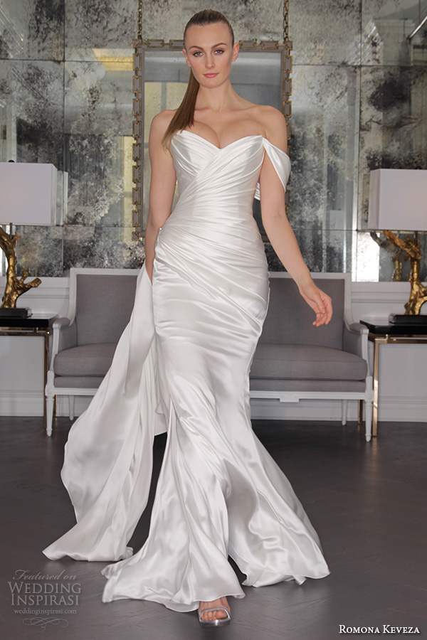 romona keveza fall 2016 luxe bridal strapless sweetheart neckline satin wrap over ruched mermaid wedding dress rk6458