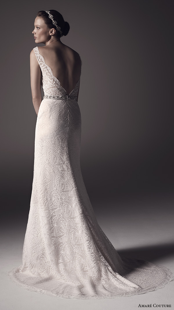 amare couture ss 2016 sleeveless lace strap v neck fully embellished lace sheer bodice sexy fit n flare wedding dress open back v back sweep train (nika) bv