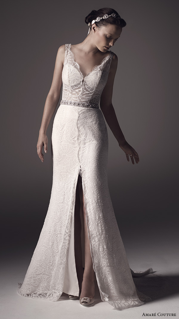 amare couture ss 2016 sleeveless lace strap v neck fully embellished lace sheer bodice sexy fit n flare wedding dress open back v back sweep train (nika) mv