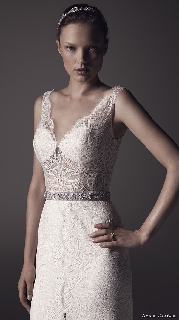 amare couture ss 2016 sleeveless lace strap v neck fully embellished lace sheer bodice sexy fit n flare wedding dress open back v back sweep train (nika) zv