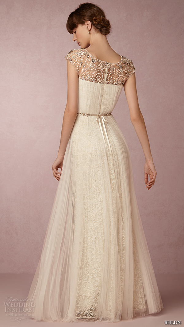 bhldn spring 2016 cap sleeves illusion jewel straight across beaded neckline vintage romantic tulle a line wedding dress beaded back (tiernan) bkv