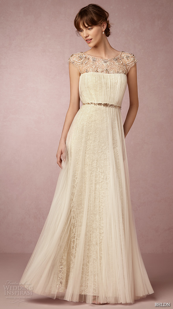 bhldn spring 2016 cap sleeves illusion jewel straight across beaded neckline vintage romantic tulle a line wedding dress beaded back (tiernan) mv 