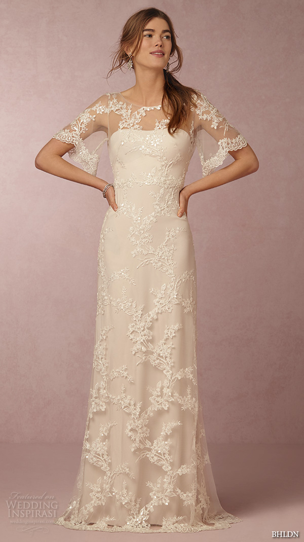 bhldn spring 2016 flutter sleeves illusion jewel semi sweetheart neckline fully embellished sheath column lace wedding dress cowl back marchesa (estella) mv bhldn spring 2016 flutter sleeves illusion jewel semi sweetheart neckline fully embellished sheath column lace wedding dress cowl back marchesa (estella) mv