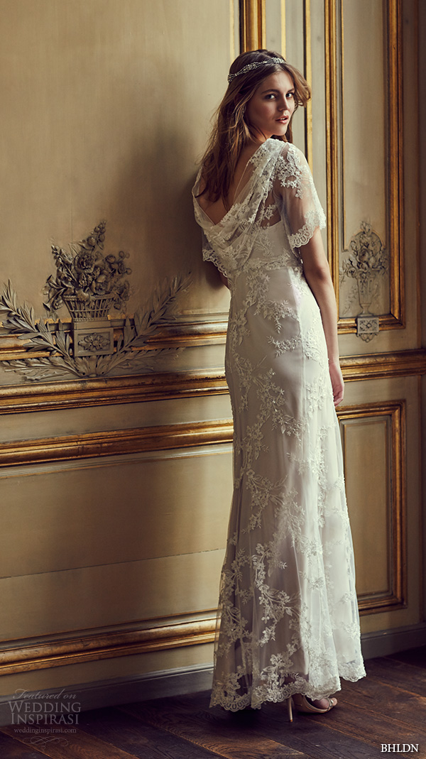 bhldn spring 2016 flutter sleeves illusion jewel semi sweetheart neckline fully embellished sheath column lace wedding dress cowl back marchesa (estella) mv