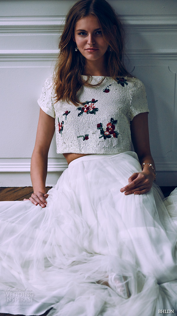 bhldn spring 2016 short sleeves boat neckline sequins floral print crop top chic tulle a line wedding dress (tulley top Amora skirt)