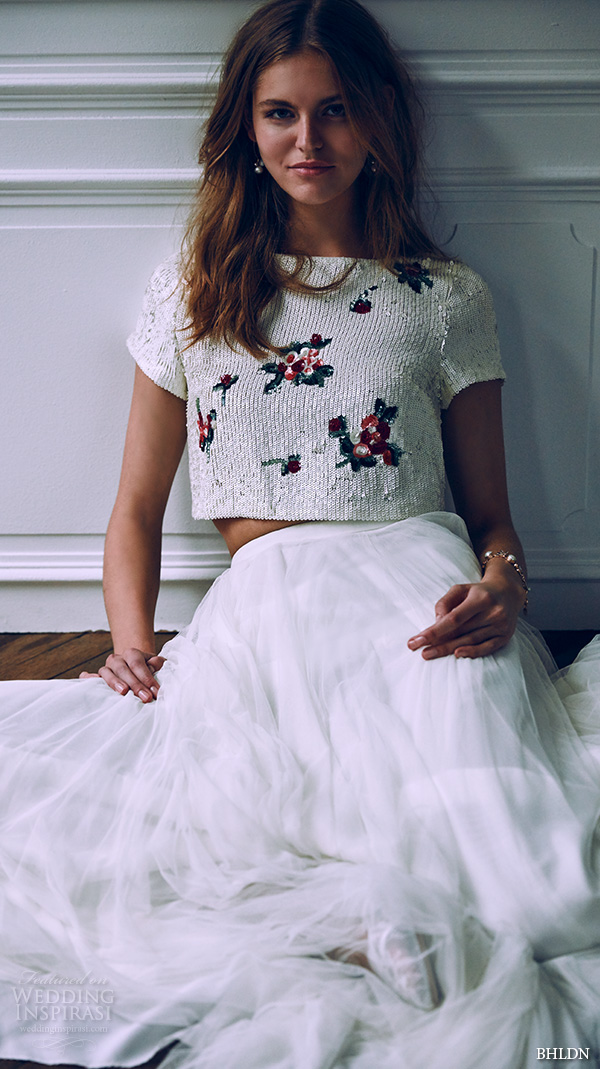 bhldn spring 2016 short sleeves boat neckline sequins floral print crop top chic tulle a line wedding dress (tulley top Amora skirt) bhldn spring 2016 short sleeves boat neckline sequins floral print crop top chic tulle a line wedding dress (tulley top Amora skirt)