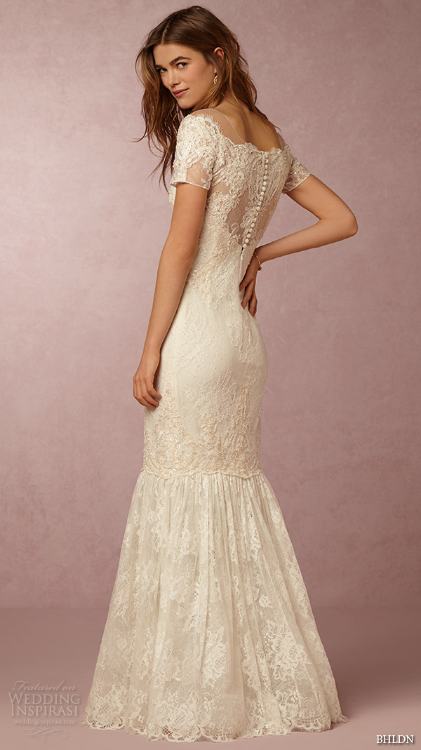 bhldn spring 2016 short sleeves illusion square sweetheart neckline illusion back fully embellished beautiful trumpet mermaid wedding dress marchesa (ephra) bkv 