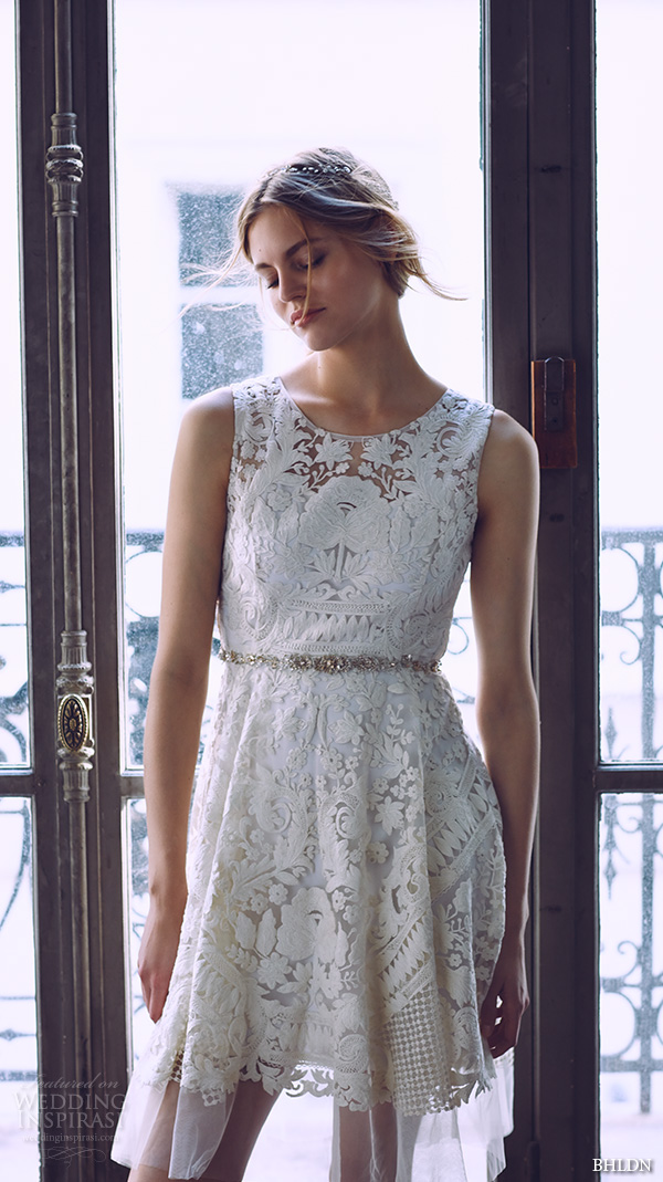 bhldn spring 2016 sleeveless illusion jewel neckline full embellished pretty lace short wedding dress (kiara) mv