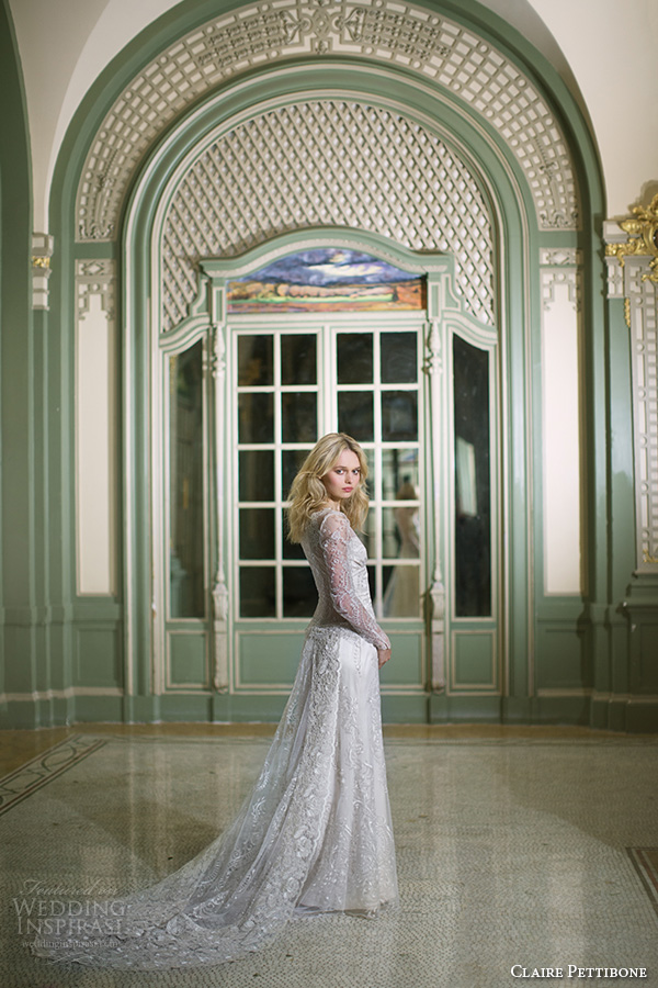 claire pettibone fall 2016 long sleeves illusion v neck sweetheart neckline fully embellished lace silky vintage sheath wedding dress sheer back panel train (sinclair) mv claire pettibone fall 2016 long sleeves illusion v neck sweetheart neckline fully embellished lace silky vintage sheath wedding dress sheer back panel train (sinclair) mv
