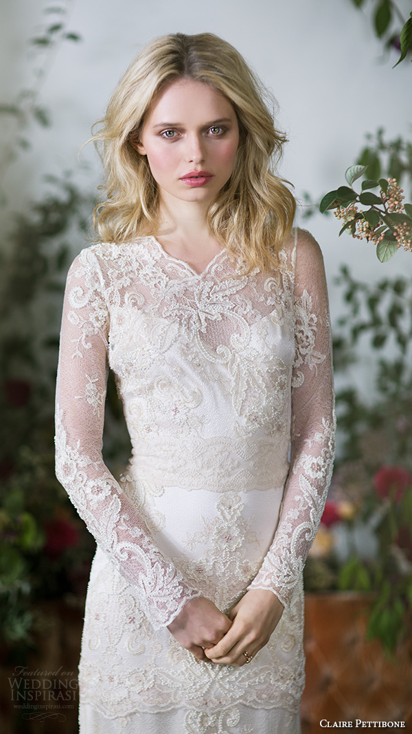 claire pettibone fall 2016 long sleeves illusion v neck sweetheart neckline fully embellished vintage elegant lace sheath wedding dress illusion back sweep train (pearle) zv