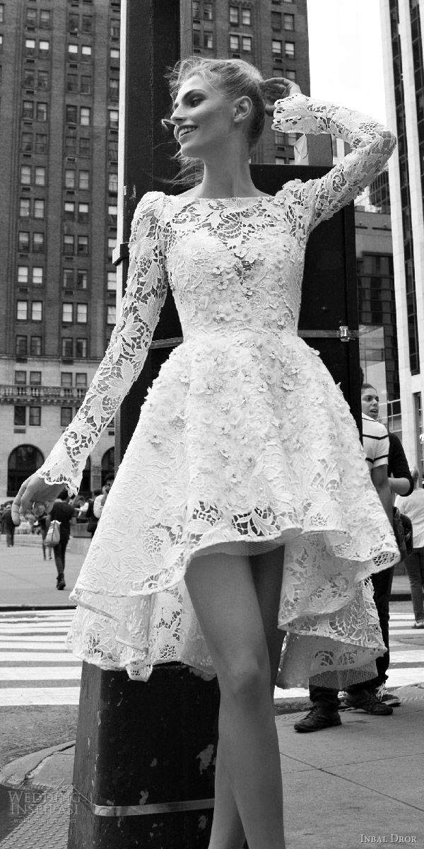 inbal dror 2016 bateau neck long bell sleeve lace ball gown short high low wedding dress style 02 