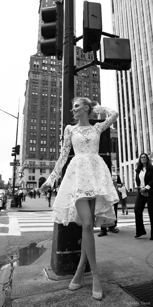 inbal dror 2016 bateau neck long bell sleeve lace ball gown short high low wedding dress style 02 mv