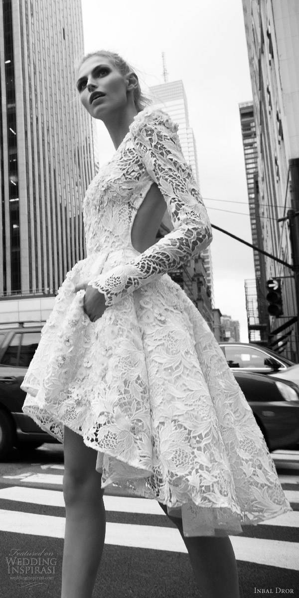 inbal dror 2016 bateau neck long bell sleeve lace ball gown short high low wedding dress style 02 sdv