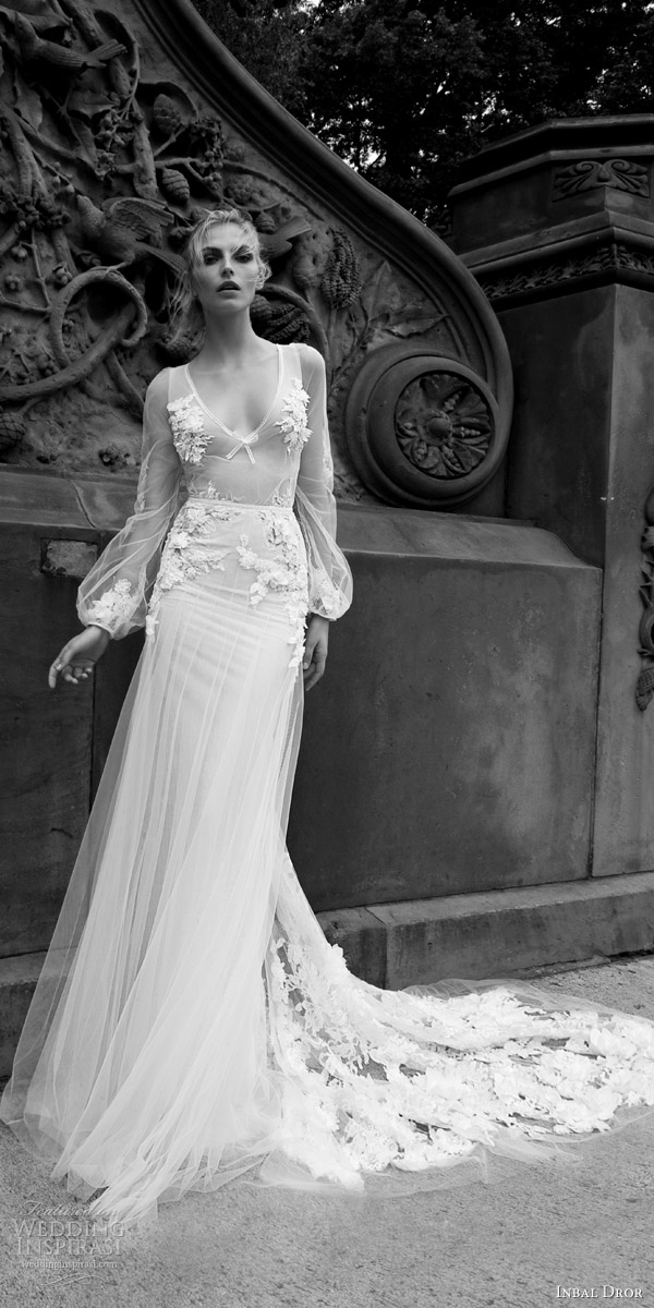 inbal dror 2016 illusion long bishop sleeve v neck sheath lace wedding dress overlay a line skirt style 20 mv applique train