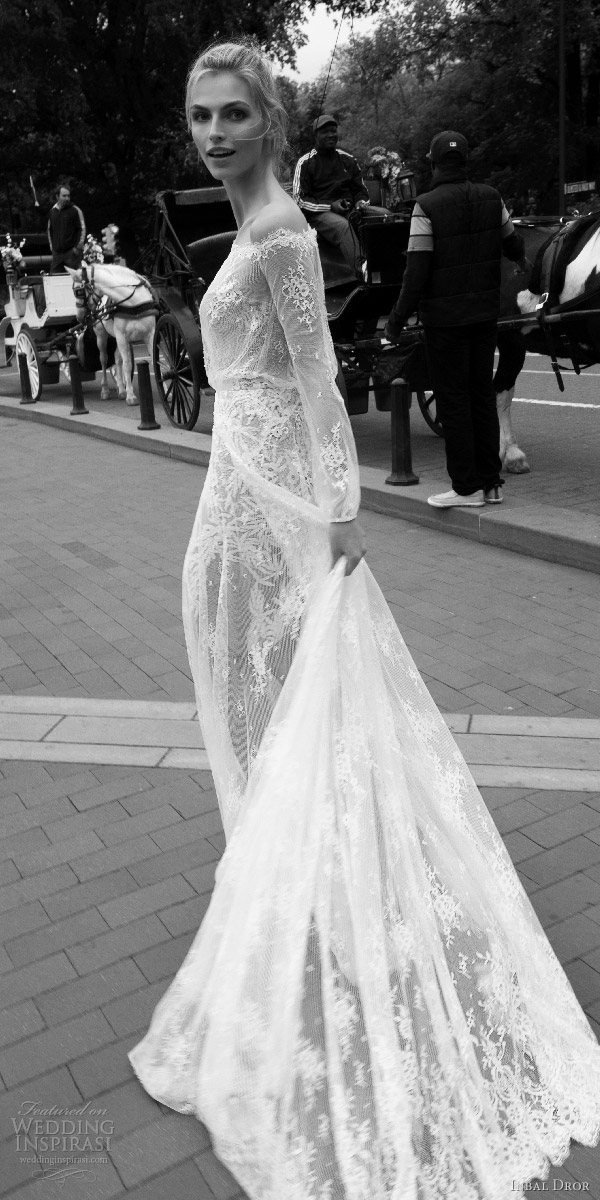 inbal dror 2016 off shoulder illusion blouson bodice long sleeve bishop lace a line wedding dress style 07 bkv