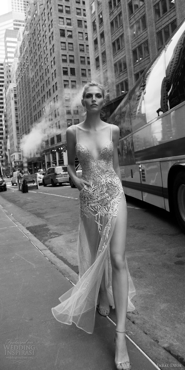 inbal dror 2016 sleeveless sweetheart illusion spaghetti strap sheath wedding dress sexy slit sheer skirt pocket style 03 mv