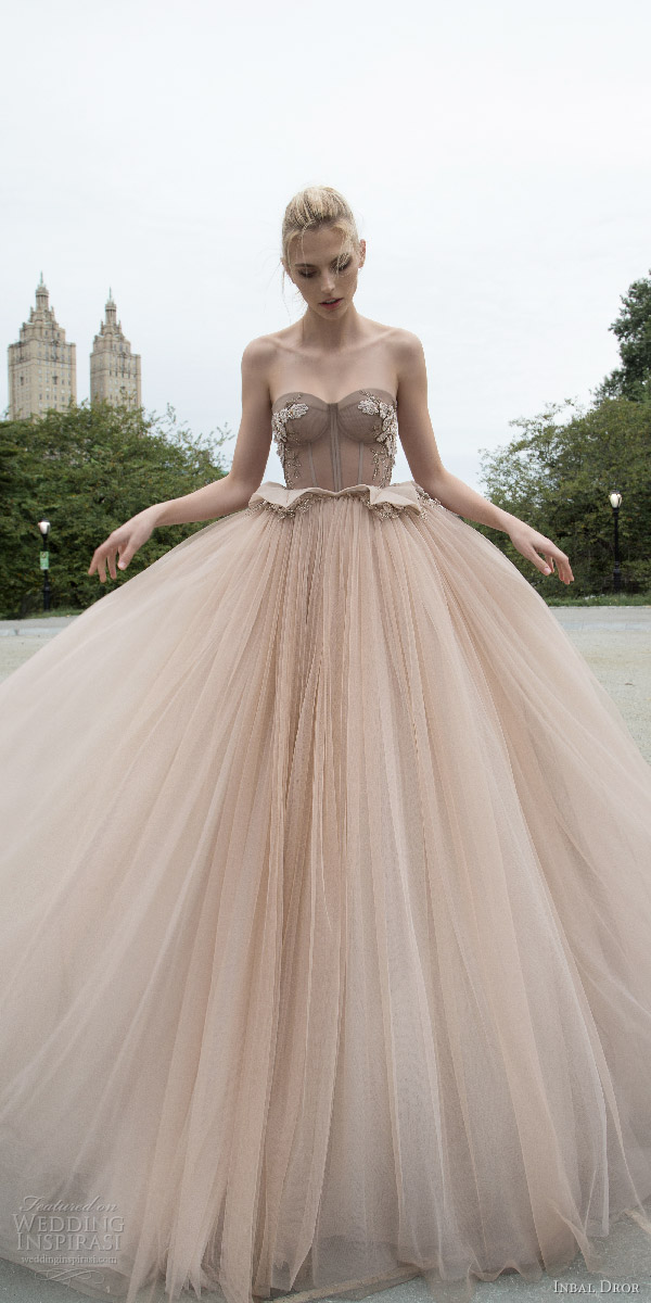 inbal dror 2016 strapless sweetheart corset ball gown wedding dress embellished bodice peplum taupe color style 04 mv