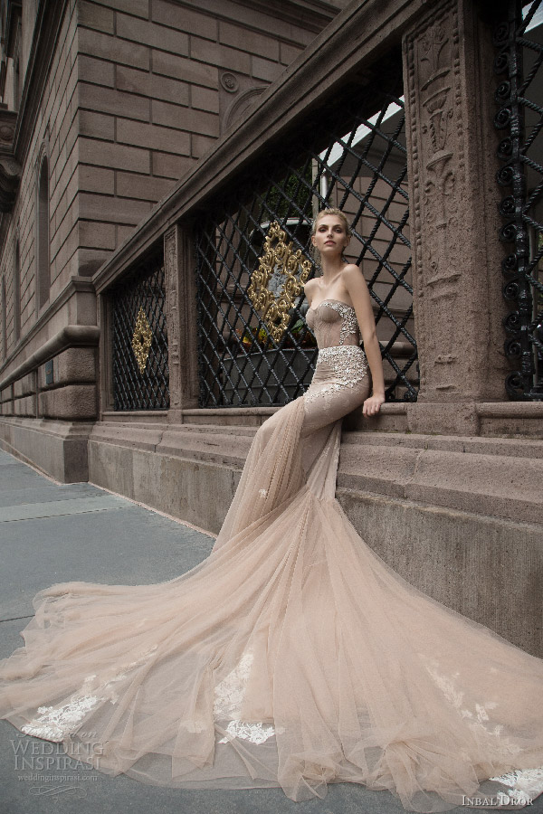 inbal dror 2016 strapless sweetheart fit flare mermaid wedding dress taupe color train style 05  