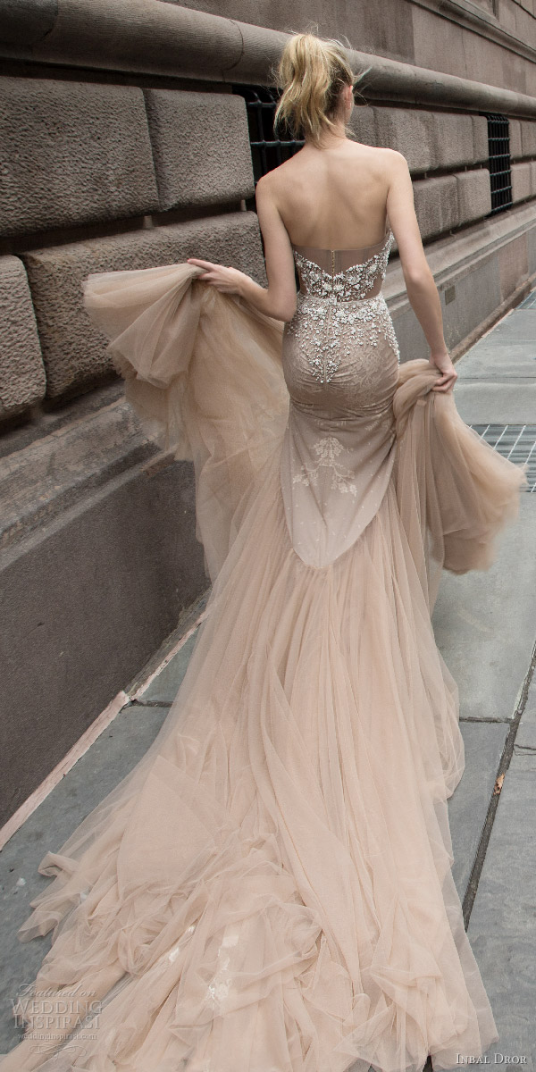 inbal dror 2016 strapless sweetheart fit flare mermaid wedding dress taupe color train style 05 bkv 